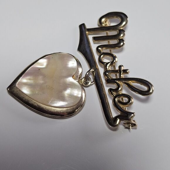 Vintage Gold Tone Mother Pin With Dangling Heart Locket MOP Brooch - Picture 7 of 10